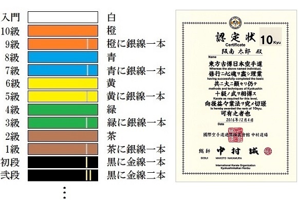極真会館の帯一覧と級位認定状